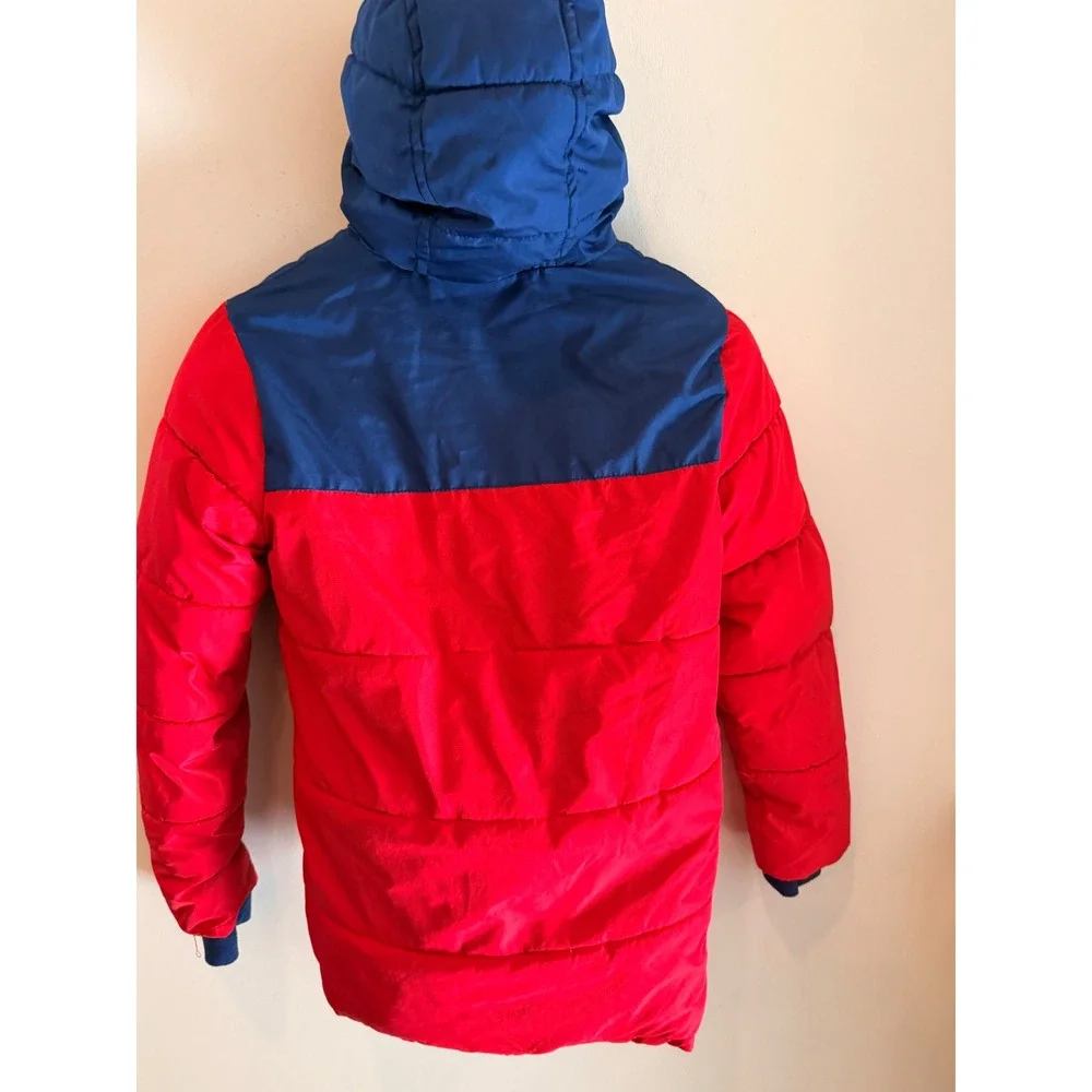 Lands End Boys Red Navy Colorblock Puffer Jacket Hooded Winter Coat XL 18-20